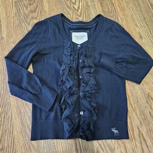 Y2K Abercrombie & Fitch S Women Navy Lace Chiffon Ruffle Cardigan Sweater Ribbed